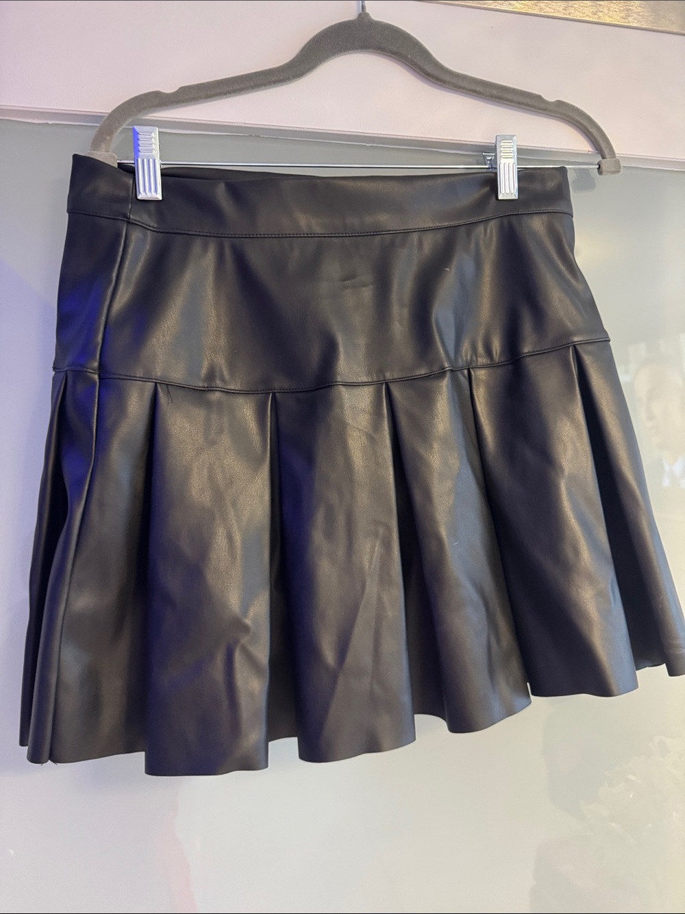Fashion Nova Black Faux Leather Pleated Skater Mini Skirt